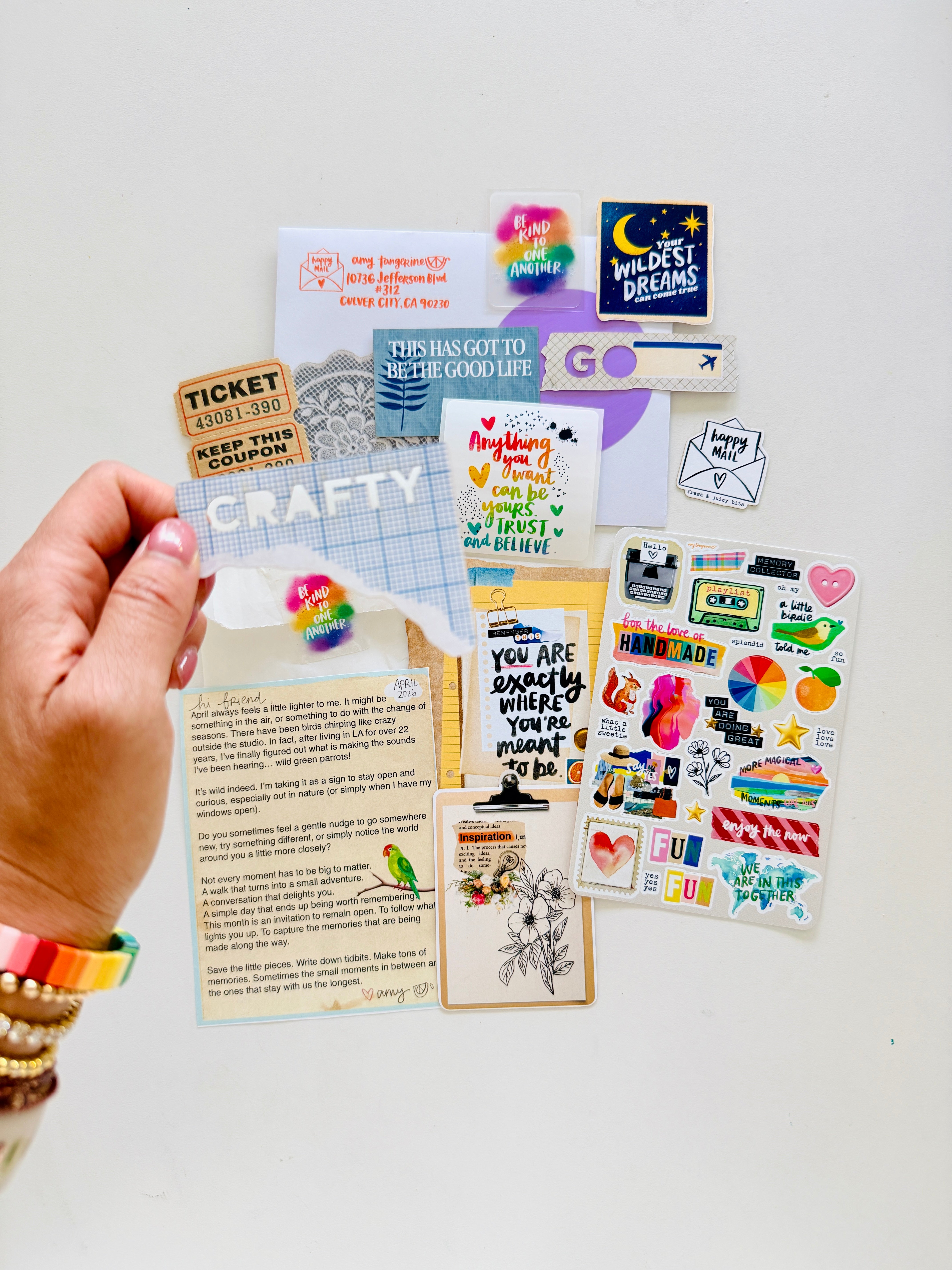 Happy Mail kit flat-lay - April 2026 contents